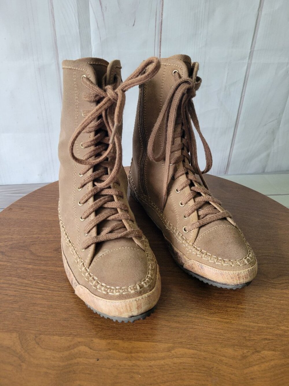 Ruff Hewn Suede Leather Moccasin Boot, Women’s 8, Taupe, High-top lace-up